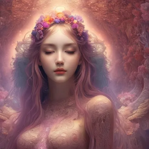 Prompt: Beautiful heavenly women, vibrant colors, ethereal atmosphere, intricate floral patterns, angelic aura, divine glow, high quality, surreal, heavenly, vibrant colors, ethereal, intricate details, angelic, divine aura, professional, soft lighting