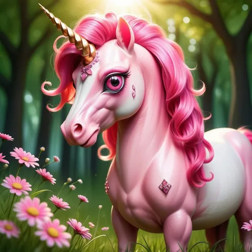 Prompt: a beautifull unicorn , in a space of green grass and trees , with pink glowing big eyes ,  have a thick pink hair ,and sun rays on him  , how a small pink diamond tatto on his body, and there is a flowers (red and white and pink flowers),
