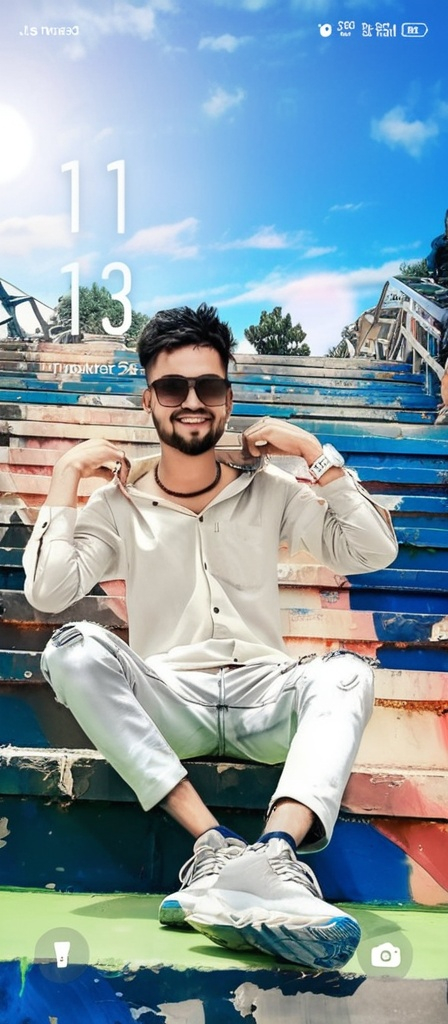 Prompt: A young man sits on a colorful staircase, exuding confidence and style, with his denim-clad legs crossed casually. He sports a light-colored button-up shirt, unbuttoned at the collar to give a relaxed vibe, while stylish sunglasses obscure his eyes as he flashes a broad smile that radiates happiness. The vibrant background features a series of painted steps in hues of blue, orange, and green, suggesting a playful and artistic environment, under a blue sky scattered with wispy clouds. The overall scene captures a sense of joy and carefree spirit, as the midday sun casts bright light, enhancing the cheerful colors around him.