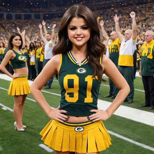 Prompt: Selena Gomez in a Green Bay Packer cheerleader outfit