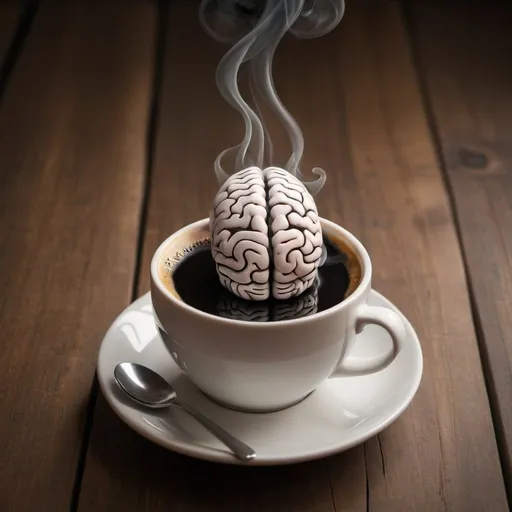 Prompt: A cup of coffee with smoke rising from it in thenshape of a brain .. with a calm backgroundn of wood