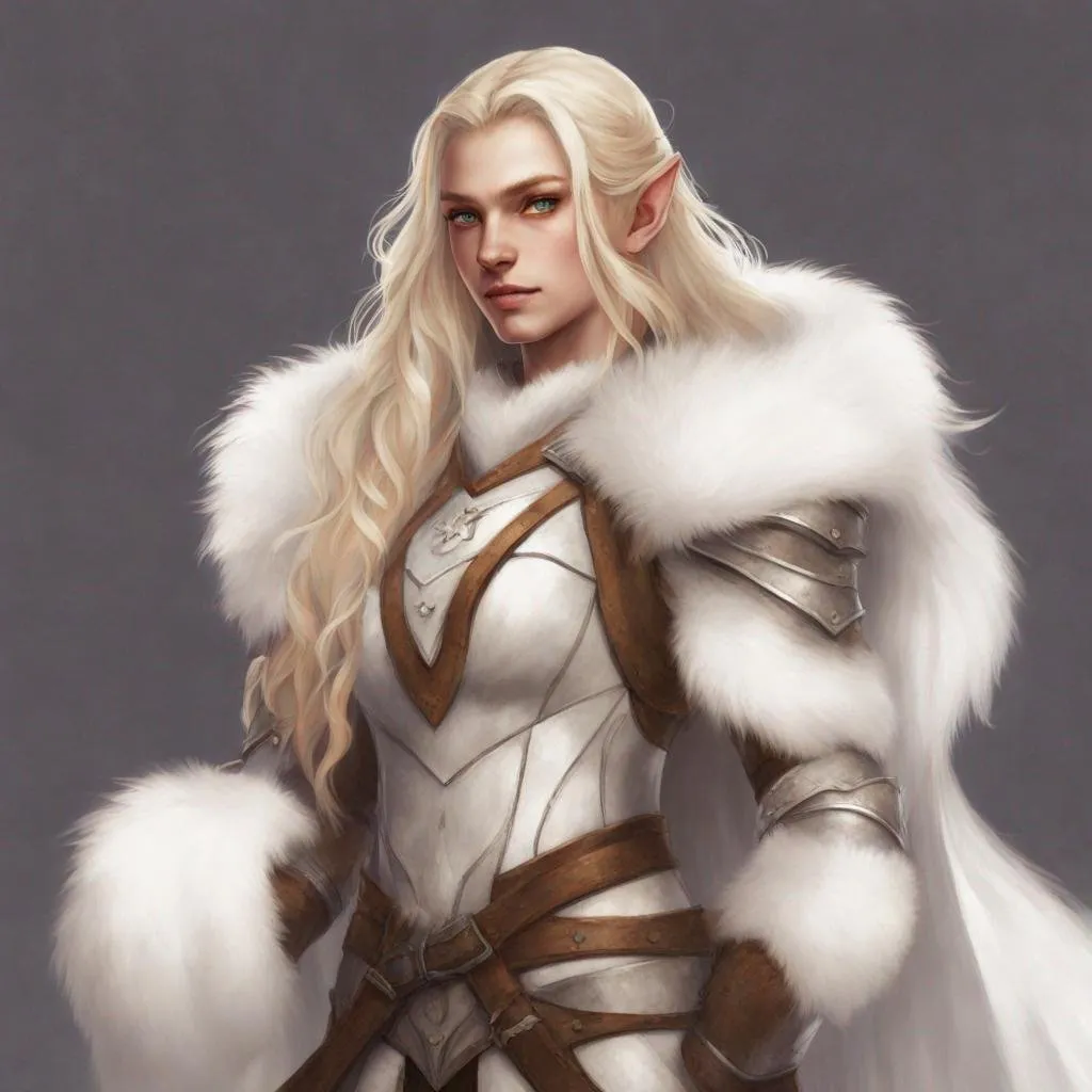 Prompt: dnd a female elf with long wavy blonde hair wearing leather armor and a white fur cloak