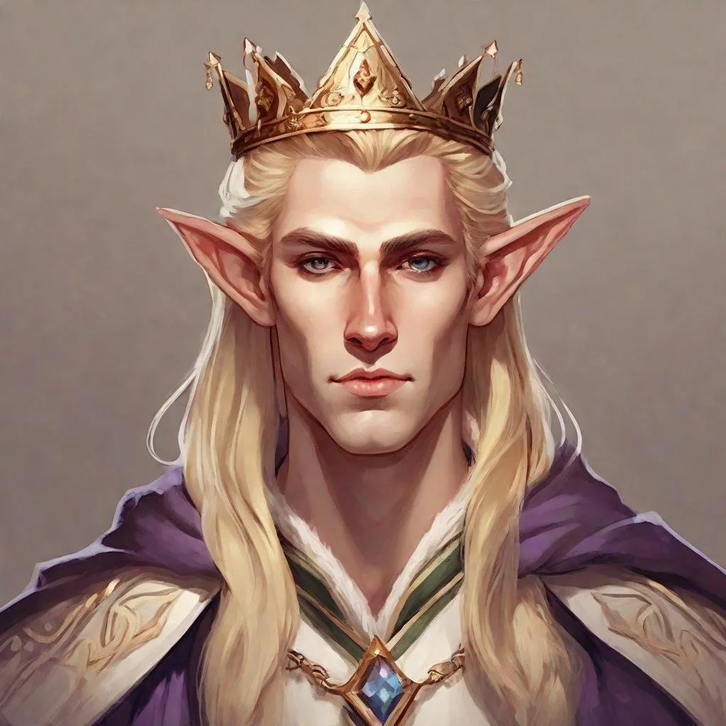 Prompt: dnd a male elf with blonde hair wearing a king's gown and a crown