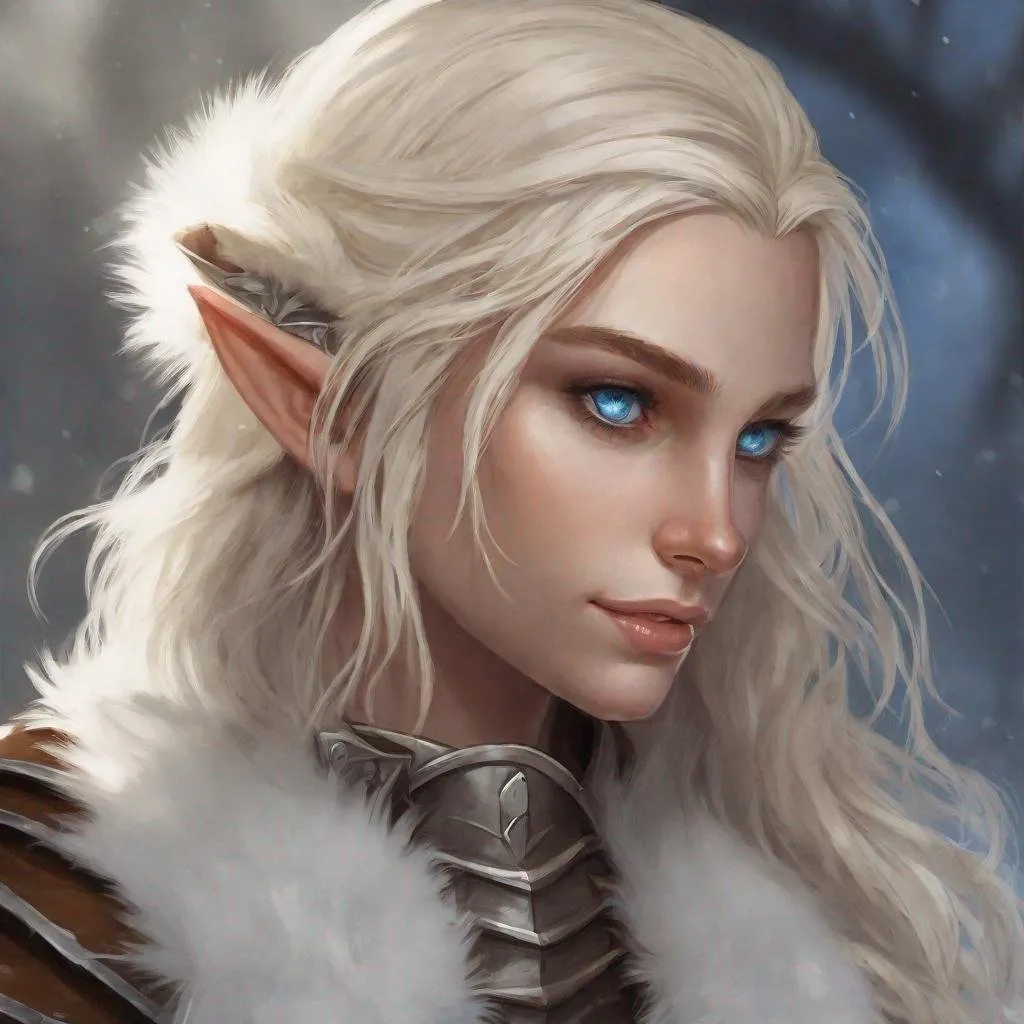 Prompt: dnd a female elf with long wavy blonde hair blue eyes wearing leather armor and a white fur cloak