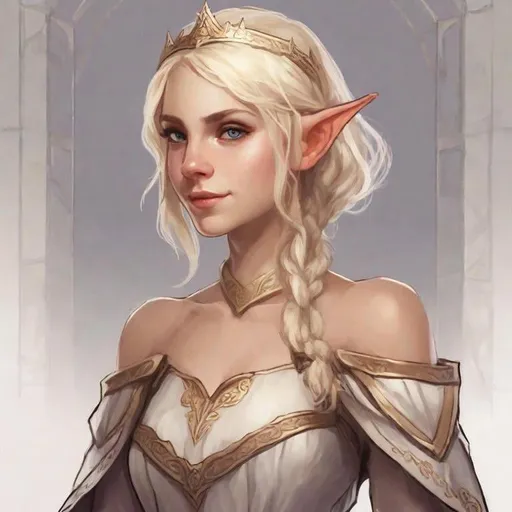 Prompt: dnd a female elf with short straight blonde hair wearing a princess dress