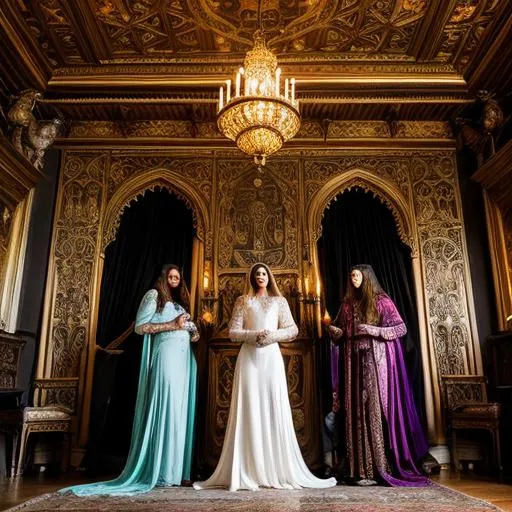 Prompt: Illustration of a coven of rich witches with normal human faces in an opulent medieval castle compound, magical atmosphere, Alphonse Mucha-inspired, vibrant colors, soft lighting, dramatic angles, luxurious textiles, intricate patterns, dark and mysterious, illustration, casting a spell, divine dark ritual