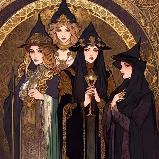 Prompt: Illustration of a coven of rich witches with normal human faces in an opulent medieval castle compound, magical atmosphere, Alphonse Mucha-inspired, vibrant colors, soft lighting, dramatic angles, luxurious textiles, intricate patterns, dark and mysterious, illustration, casting a spell, divine dark ritual