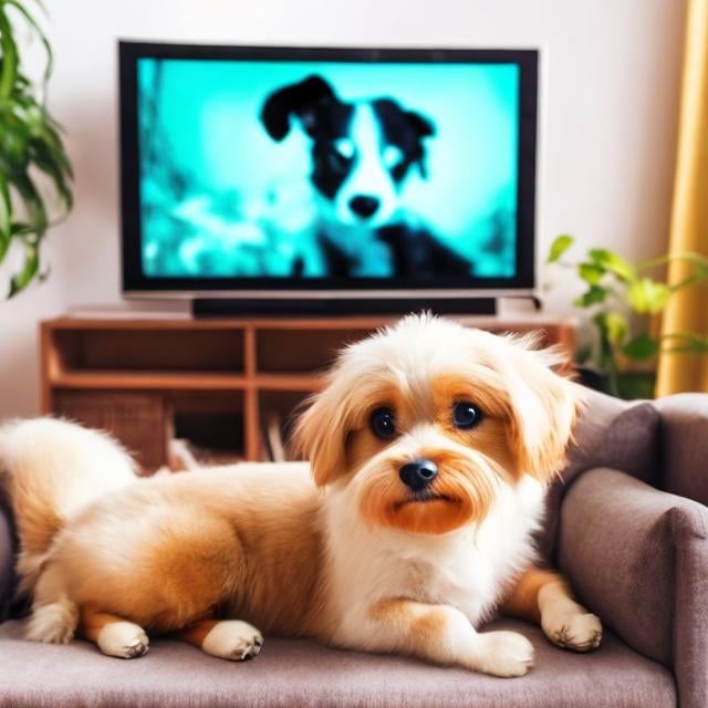 Prompt: Cute dog on the sofa
And watching animal video on tv
