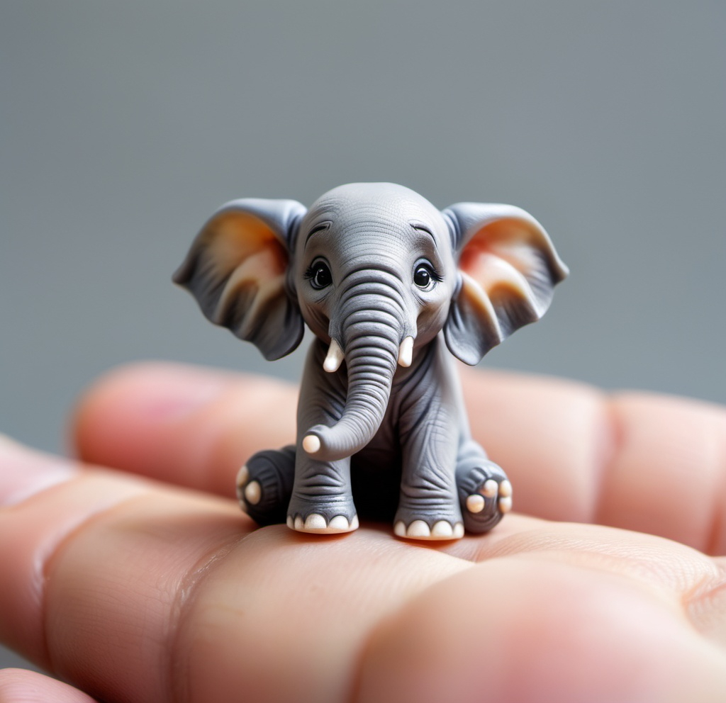 Prompt: A miniature cute Elephant standing on a fingert