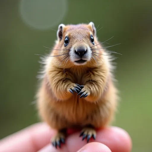 Prompt: A miniature cute Alpine Marmot standing on a fingert