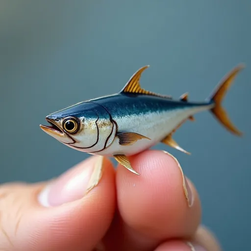 Prompt: A miniature cute Atlantic Bluefin Tuna standing on a fingert