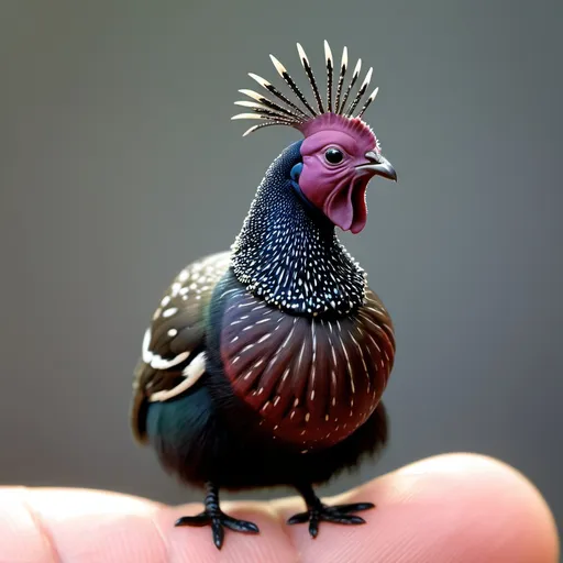 Prompt: A miniature cute Capercaillie Tuna standing on a fingert