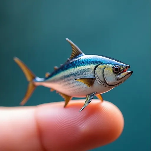 Prompt: A miniature cute Atlantic Bluefin Tuna standing on a fingert