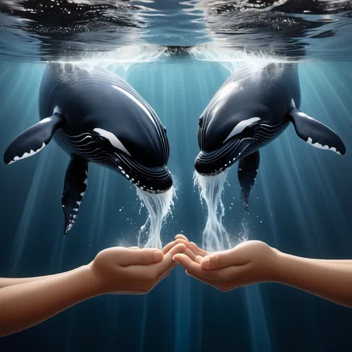 Prompt: Two gentle human hands, clasped together, hold a tiny badar ka bachaa in their palms. The water is clear and vibrant, flowing from the fingers like a waterfall, with waves gently swirling around it. Inside this tiny ocean, a baby whale is swimming gracefully, its sleek, black body visible just below the surface. Sunlight reflects off the water and casts a calming and magical glow. The hands appear protective and nurturing, caressing this delicate marine world with care, against a soft backdrop that enhances the sense of peace and wonder