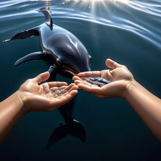 Prompt: Two gentle human hands, clasped together, hold a tiny badar ka bachaa in their palms. The water is clear and vibrant, flowing from the fingers like a waterfall, with waves gently swirling around it. Inside this tiny ocean, a baby whale is swimming gracefully, its sleek, black body visible just below the surface. Sunlight reflects off the water and casts a calming and magical glow. The hands appear protective and nurturing, caressing this delicate marine world with care, against a soft backdrop that enhances the sense of peace and wonder