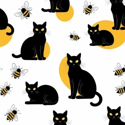 Prompt: (flat black cat design), playful bumble bees mix, (minimalist), (2D), whimsical atmosphere, smooth lines, simple shapes, dynamic composition, high contrast, black and yellow color palette, cheerful vibe, outlined design, enchanting details, ultra-detailed, vibrant colors, enchanting background, flat image black and white only, white background simple

