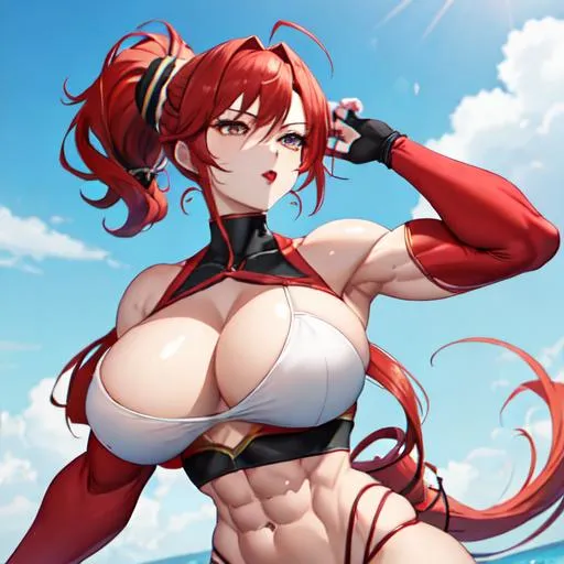 Prompt: {{{abs, exposed midriff,}} Hot anime girl, anime style, clevage, huge breats, perfect face, perfect body, perfect anatomy, perfect composition, extreme muscular thighs} {{{red hair, medium hair with loose curls, ponytail, pale skin, red lipstick}}} {{{{woman, enormous muscles, giant muscles, muscular woman, huge muscles, enormous muscles, muscular abs, muscle girl, muscle thighs, huge muscular thighs, muscular arms, muscular legs, muscular abs, huge muscular abs, six pack abs, biceps, hulking, abs, exposed stomach, full body}}}} perfect face, perfect body, approaching perfection, attractive beautiful gorgeous cute stunning feminine face, whole body, full body