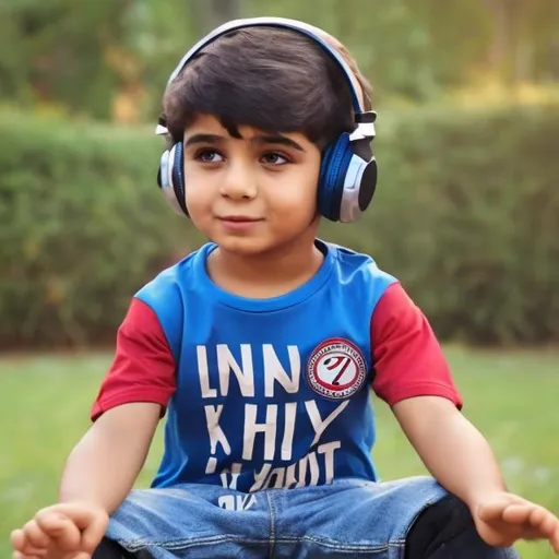 Prompt: Boy sitting seeing back side of shirt 
Name on shirt shafaat 
Shirt no 7
And boy headphones in the ears