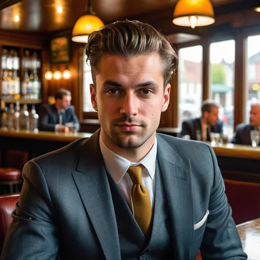 Prompt: photorealistic portrait of 25 year old  handsome male belgian con artist,smug, suit, tidy hair, 1940, in a bar, natural lighting,