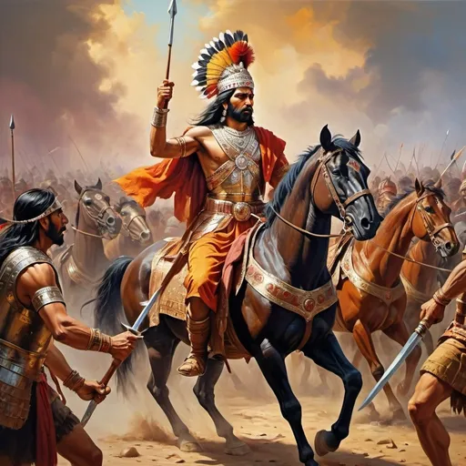 Prompt: Indian king facing off against 100 opponents, oil painting, epic battle scene, high quality, realistic style, vibrant colors, dramatic lighting, detailed armor, intense expression, dynamic composition, historical, grand, majestic