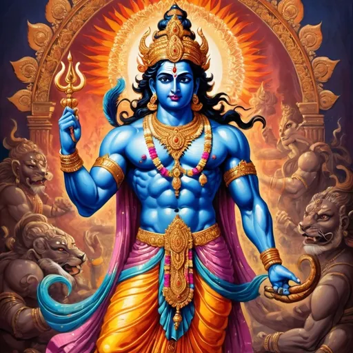 Prompt: Muscular Lord Vishnu, fierce expression, traditional Indian art style, vibrant colors, intricate details, divine aura, high quality, traditional, vibrant colors, detailed muscular physique, fierce expression, divine, intense lighting