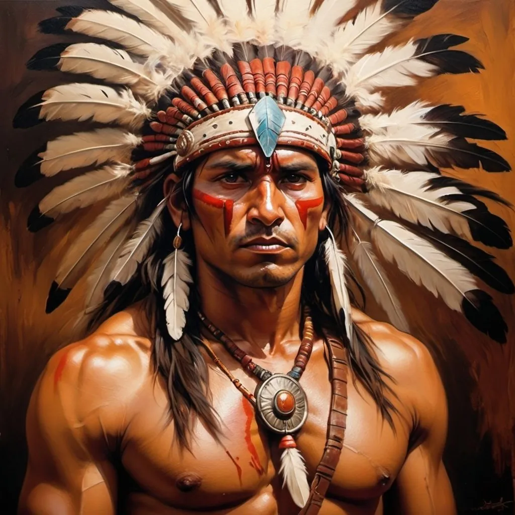 Prompt: Indian warrior, traditional oil painting, feathered headdress, intense gaze, war paint, high quality, realistic, warm tones, dramatic lighting