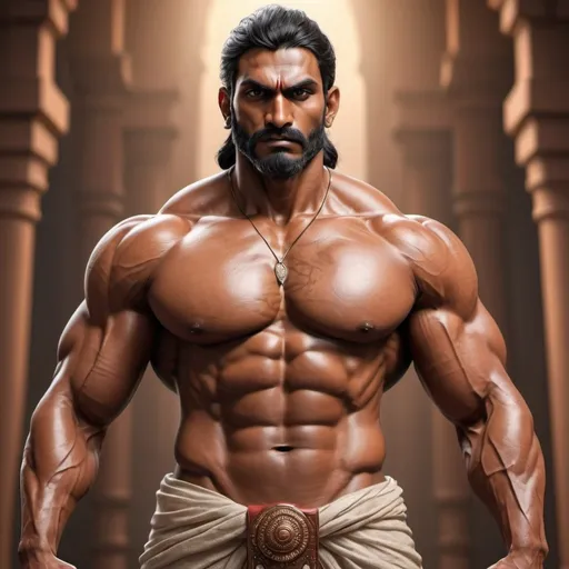 Prompt: Towering, muscular Indian man standing tall, 6.2ft, striking features, highres, detailed muscles, realistic rendering, professional, intense gaze, warm lighting