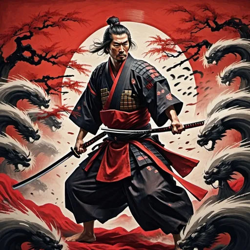 Prompt: Samurai facing a swarm of attackers, traditional Japanese painting style, dynamic action scene, intense red and black color palette, dramatic lighting, katana, flowing robes, traditional Japanese art, detailed brushwork, fierce expression, high quality, traditional painting, dynamic composition, intense action, dramatic lighting, detailed robes, intense gaze, traditional Japanese style, dynamic movement, intense battle scene