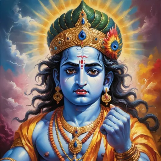 Prompt: Angry Lord Krishna with divine aura, traditional oil painting, vibrant colors, intricate facial details, flowing robes, divine accessories, intense expression, divine wrath, high quality, traditional painting, vibrant colors, intricate details, divine aura, angry expression, flowing robes, divine accessories, intense gaze, intense lighting