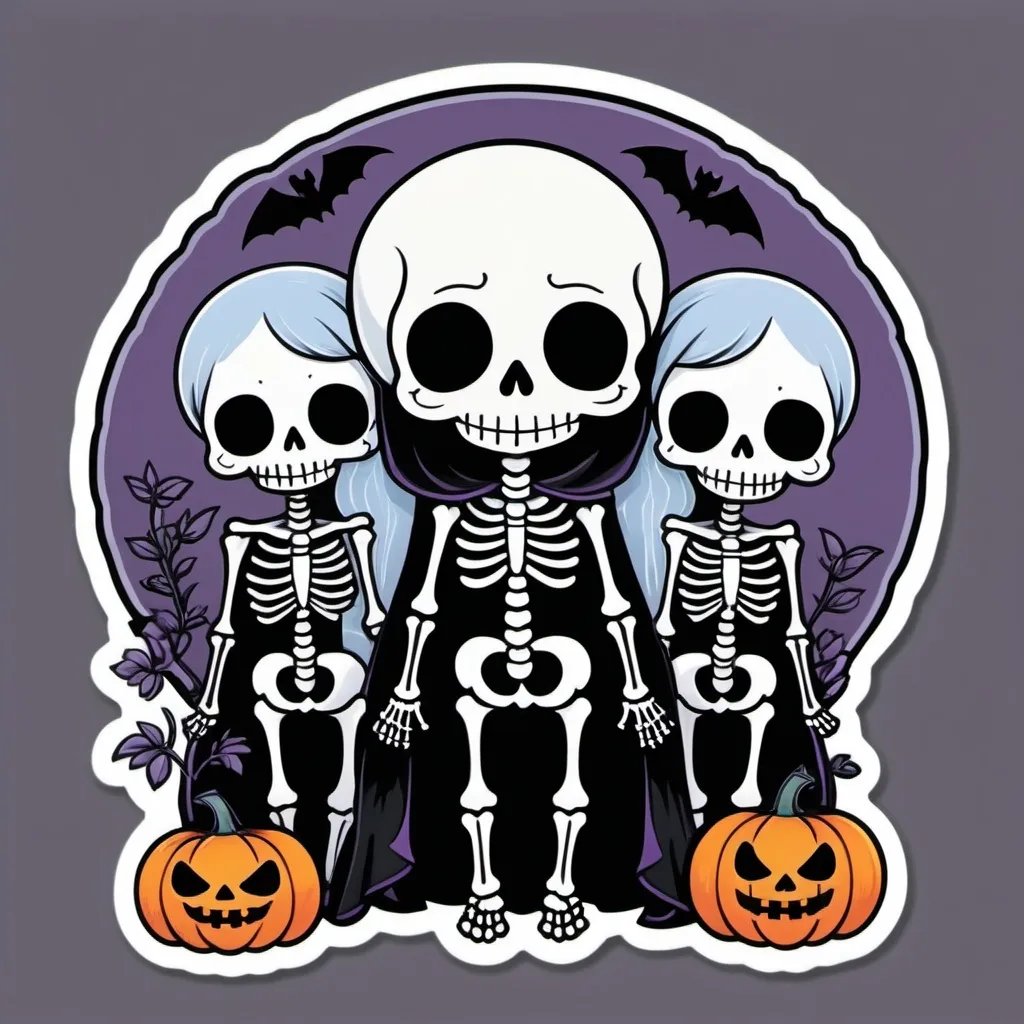 Prompt: Create a 2D illustration featuring two chibi-style skeletons in a meditative pose. The larger skeleton should have large, twisted horns with black and white stripes curving forward in front of its chest. Both skeletons should embody the ornate and colorful aesthetics of La Calavera Catrina from Mexican Day of the Dead, but with washed-out Halloween-themed colors like pale orange, faded purple, light green, and soft black. The smaller skeleton, with short, washed-out white hair, should be holding a small, lightly decorated skull, adding a playful and slightly eerie touch.

The scene should include a variety of smaller skeletons and skulls, incorporating whimsical and playful elements, but all in washed-out tones to maintain a soft, vintage feel. The skeletons should wear dark robes with pale yellow accents, all in a similarly washed-out palette to create a cohesive and understated look. The entire illustration should be set against a solid white background to create a gentle contrast with the muted, washed-out color scheme, emphasizing the delicate details and the overall serene yet slightly eerie composition.