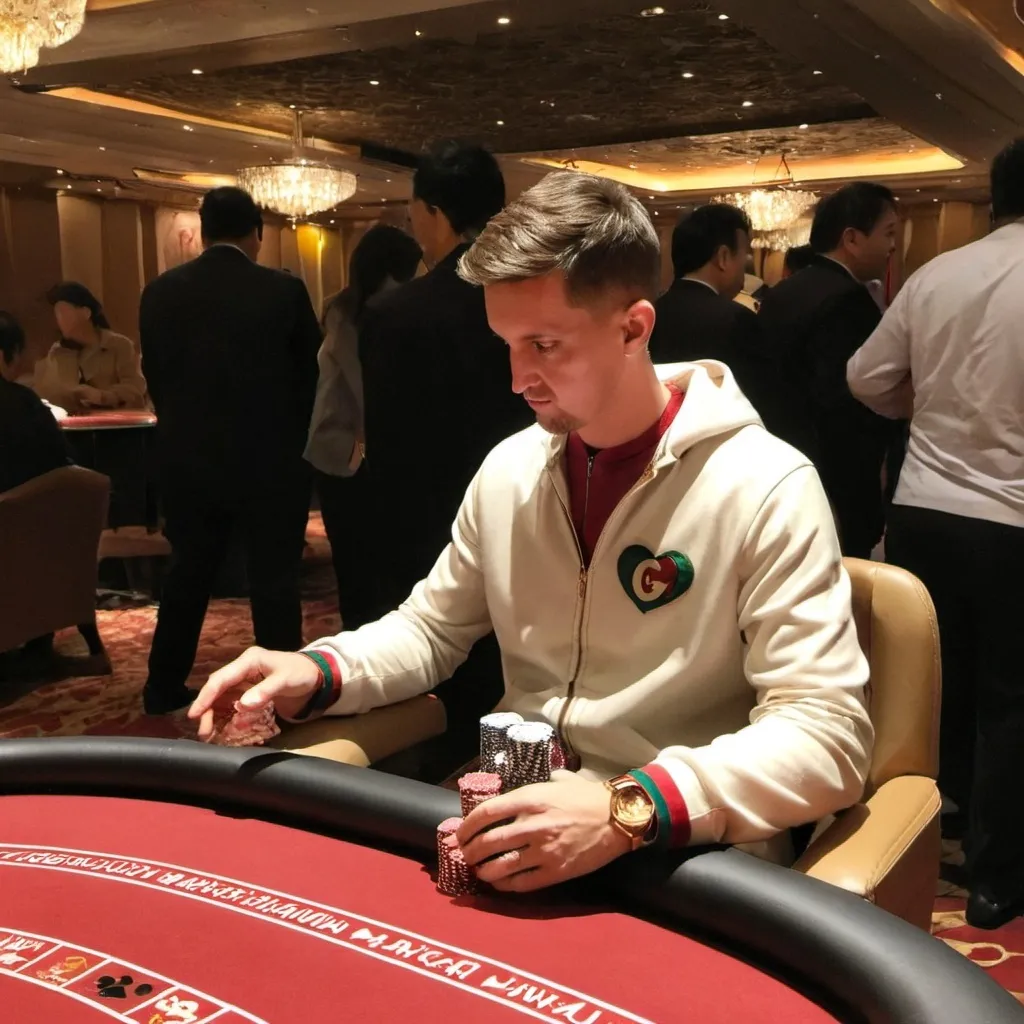 Prompt: Poker play makes big bluff in macau. Wearing Gucci tracksuit 