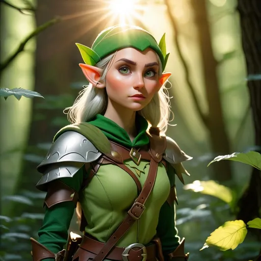 Prompt: Elf ranger in a mystical forest around sunlight