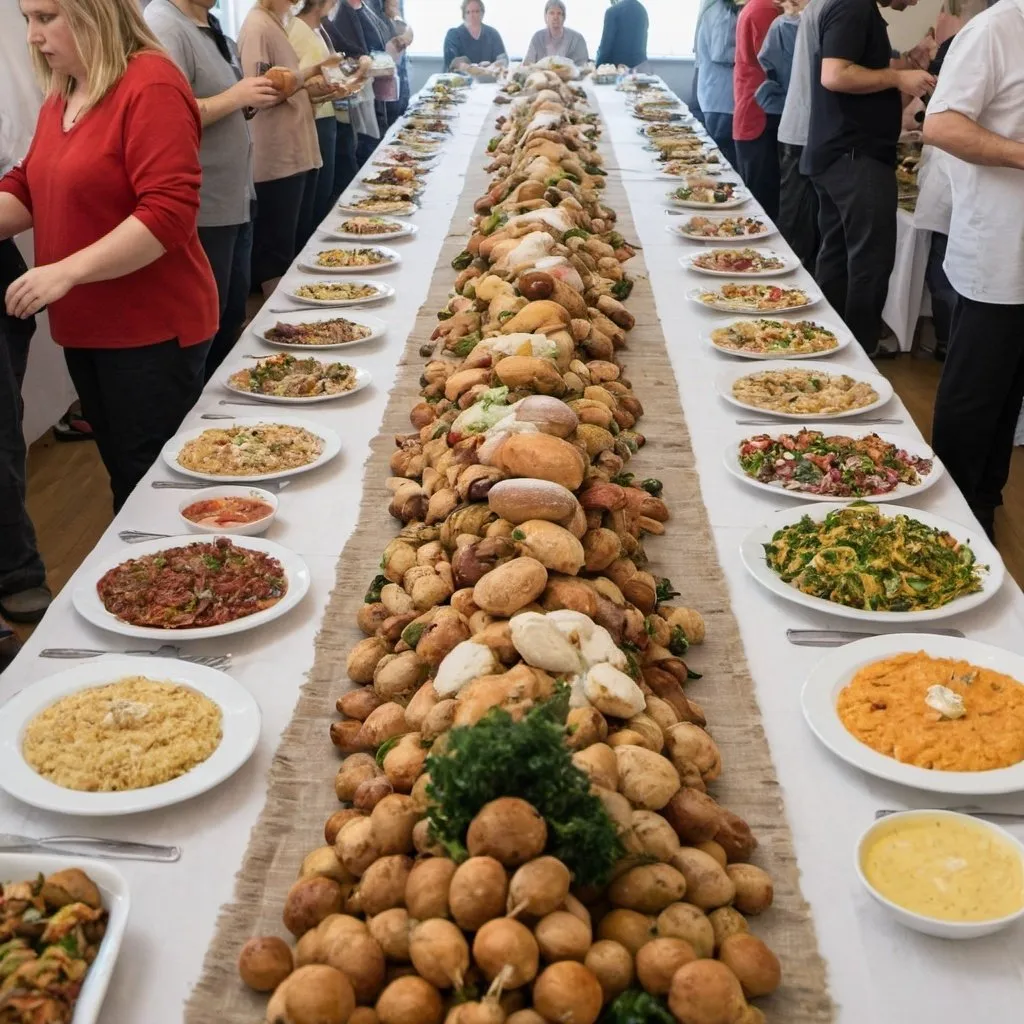 Prompt: A very long table full of food