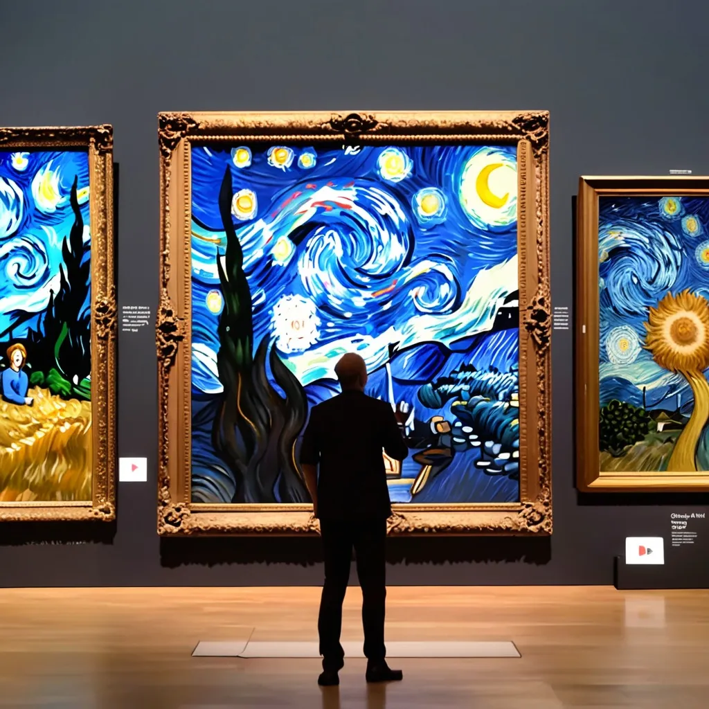 Prompt: i need a youtube thumbnail , set in a museum exhibition room, with a painting of van gough's Starry nights in the background , while in the foreground two (2) adults aged in their 30's have a heated debated on the painting