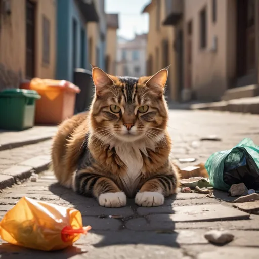 Prompt: Hyper-realistic morning photograph of a cat and garbage in a street of old city in A scene from afar, sharp focus, 8k, sunny, Sony 50mm 1.4, Sony, AR 16:9, detailed fur, vibrant colors, warm lighting, professional photography, high resolution, cat, morning, sunny, hyper-realistic, sharp focus, 8k, photograph, Sony, 50mm 1.4, AR 16:9, detailed fur, vibrant colors, warm lighting, professional