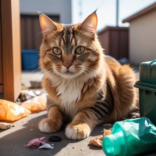 Prompt: Hyper-realistic morning photograph of a cat and garbage, sharp focus, 8k, sunny, Sony 50mm 1.4, Sony, AR 16:9, detailed fur, vibrant colors, warm lighting, professional photography, high resolution, cat, morning, sunny, hyper-realistic, sharp focus, 8k, photograph, Sony, 50mm 1.4, AR 16:9, detailed fur, vibrant colors, warm lighting, professional