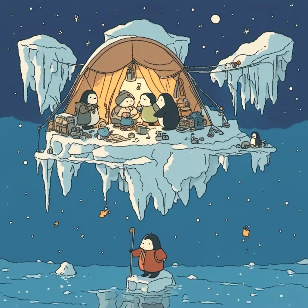 Prompt: <mymodel> Penguins camping on iceberg 