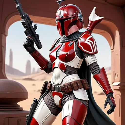 Prompt: female Mandalorian warrior in red and white revealing armor, wielding a rifle, action pose, Star Wars art, cartoon style, star-port in background, 2D art, full figure with bare thighs and stomach, dynamic pose, detailed armor, vibrant colors, action-packed, professional 2D illustration