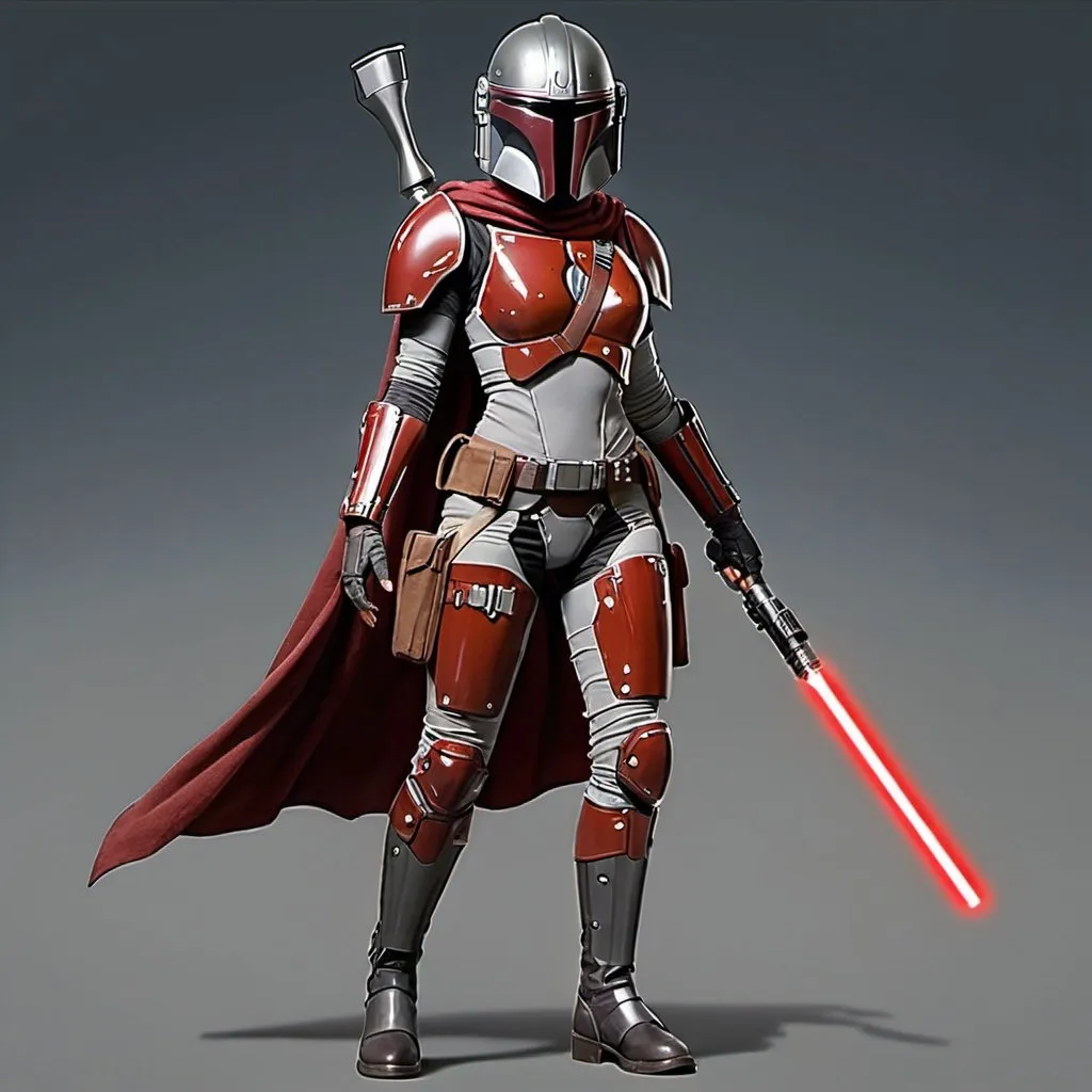 Prompt: A young female mandolorian with a red mostly helmet with silver accents and red and white revealing armour, she carries a rifle on her back with a waste cape and two holsters for blasters on the sides of her belt, she has a lightsaber hilt clipped onto her belt, she has a jet pack and she has a grey under suit that the armour is attached to. Her legs are showing and her armour has a scuffed and beaten look. She has fur around the top of her boots and she is in front of the sun. It is a full body render