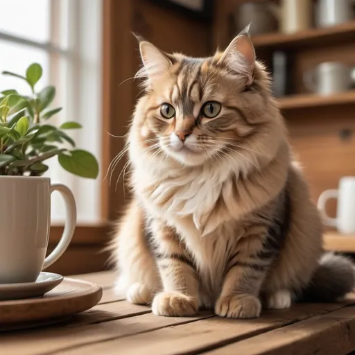 Prompt: (adorable cat) sitting on a wooden table, cozy atmosphere, soft natural lighting, warm neutral tones, inviting home setting, various items on the table like a coffee mug and a small plant, high quality, ultra-detailed, emphasizing the cat's fluffy fur and curious expression