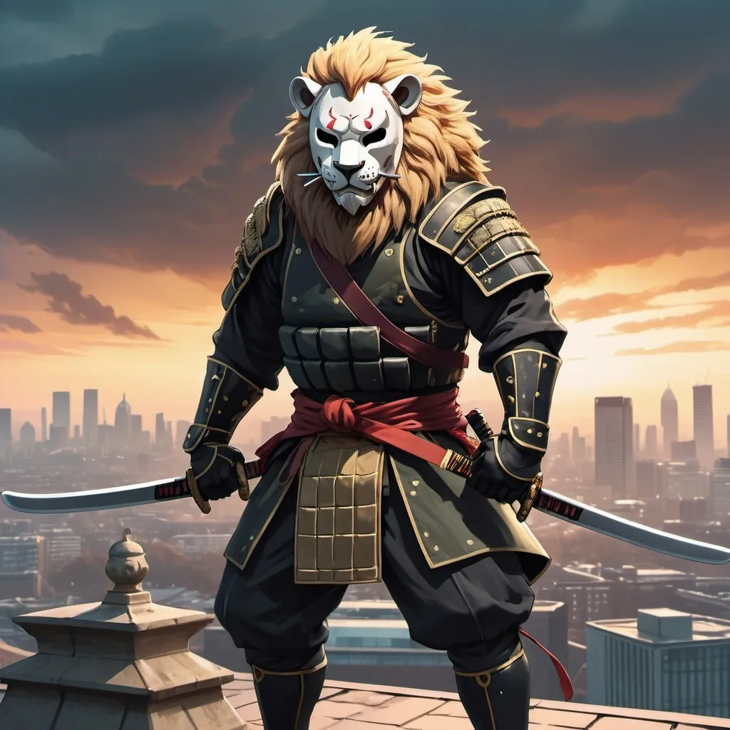 Prompt: lion  in all black combat fatigues and white hockey mask with 2 samurai swords strapped across his back  standing on a rooftop against London background at twilight