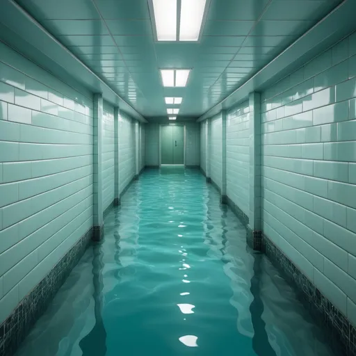 Prompt: an ultra-realistic and photorealistic expansive complex of basement passageways and corridors. The scenes are slightly submerged in blue-green water, with white ceramic tiles covering all surfaces, and light casting from irregular angles to create a liminal and cinematic atmosphere.