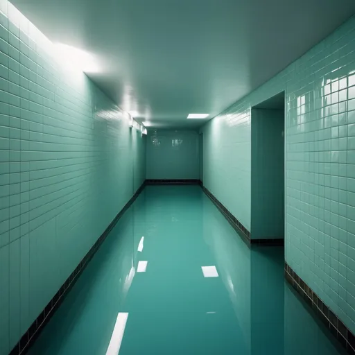 Prompt: ultra-realistic, photorealistic, expansive complex of basement passageways and corridors, slightly submerged in blue-green water, white ceramic tiles covering all surfaces, irregular angle light casting, liminal atmosphere, cinematic, high quality, realism, submerged water, ceramic tiles, irregular lighting, expansive, atmospheric