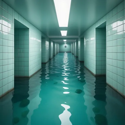 Prompt: an ultra-realistic and photorealistic expansive complex of basement passageways and corridors. The scenes are slightly submerged in blue-green water, with white ceramic tiles covering all surfaces, and light casting from irregular angles to create a liminal and cinematic atmosphere.