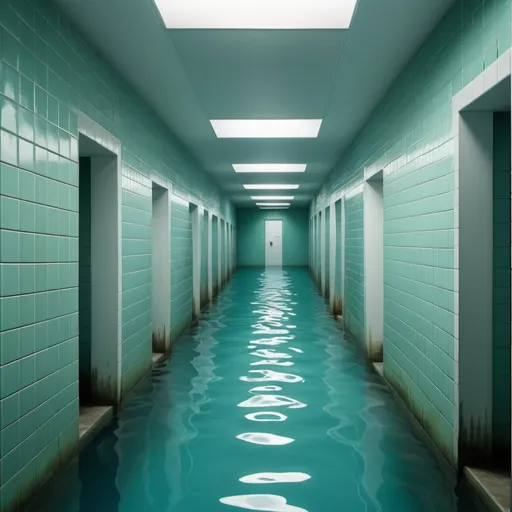 Prompt: an ultra-realistic and photorealistic expansive complex of basement passageways and corridors. The scenes are slightly submerged in blue-green water, with white ceramic tiles covering all surfaces, and light casting from irregular angles to create a liminal and cinematic atmosphere.