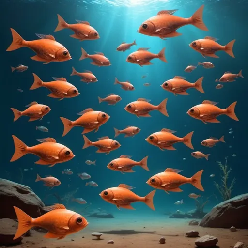 Prompt: a school of fishes which are genetically modified to swim in the water body which was artificially created at mars by sapce x after 500 years from now