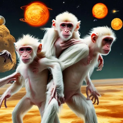 Prompt: Albino Monkeys in outer space wearing dinosaur skin, And landing on the sun on a space craft.