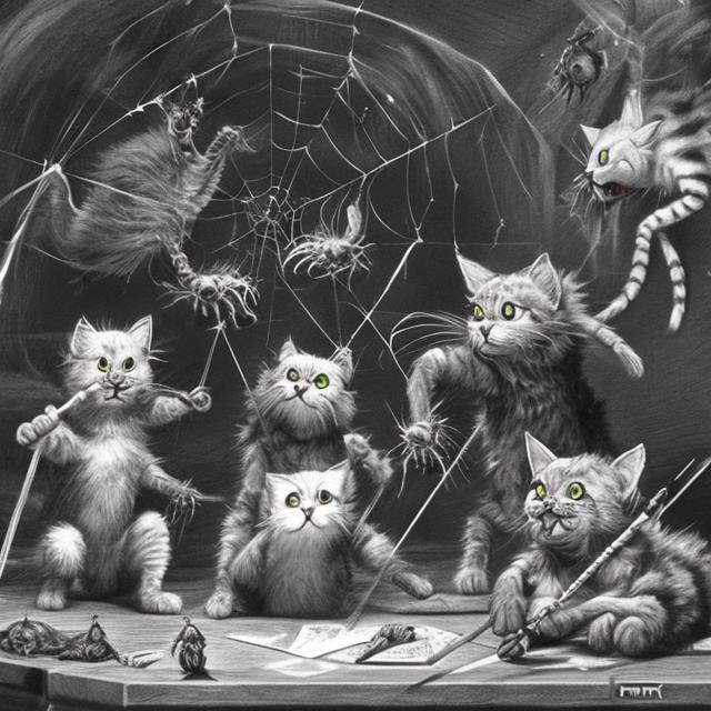 Prompt: Cats and spiders at war fighting with pencils.