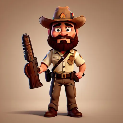 Prompt: 

A sheriff with a sheriff's uniform with 'Miller' written on his uniform. He has a brown beard and brown eyes.
He wears Rangers on his feet.
He has in his hands an 'M4' type weapon.







