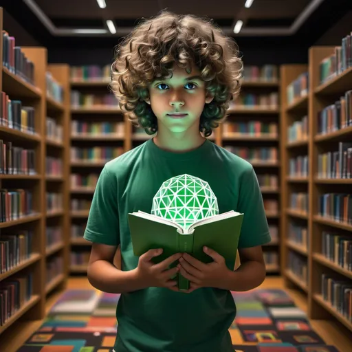 Prompt: create a picture of a student holding an algebra book, stands in the center of a dark library, surrounded by floating holographic spheres and geometric shapes and great rotated pi number, symbolizing AI's role as their personal backdrop for learning. they are dressed green shirt casually with curly hair, standing confidently against the background of bookshelves filled with various books on technology and science